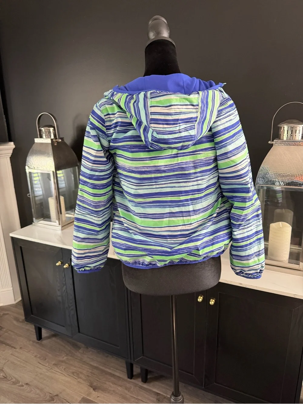 Columbia Kids Omni-Wick Hooded Jacket Size M Blue Green Striped Lightweight